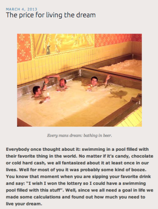 Guys in a pool of beer.  2/3rds of an awesome situation